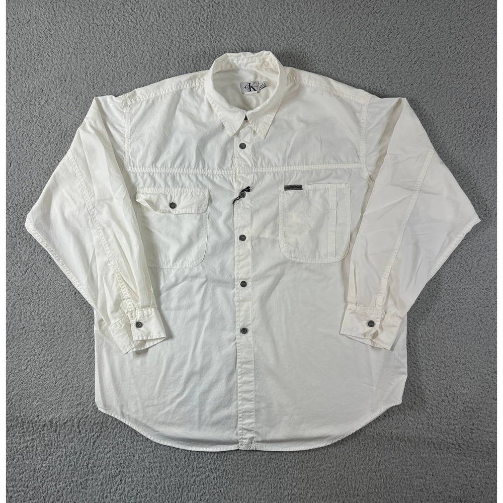 Calvin Klein Jeans Button‎ Up Shirt Men's L White Cotton Long Sleeve Utility NWT
